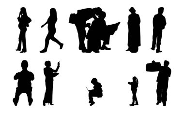 Vektör siluetleri, insanların ana hatları, Contour çizimleri, insanların siluetleri, ikon kümesi izole edilmiş, oturan insanların silueti, mimari set