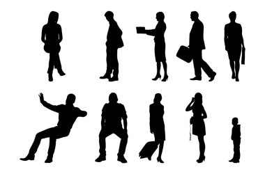 Vektör siluetleri, insanların ana hatları, Contour çizimleri, insanların siluetleri, ikon kümesi izole edilmiş, oturan insanların silueti, mimari set