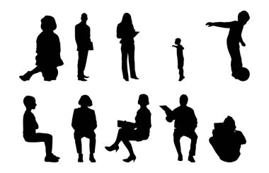 Vektör siluetleri, insanların ana hatları, Contour çizimleri, insanların siluetleri, ikon kümesi izole edilmiş, oturan insanların silueti, mimari set