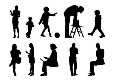 Vektör siluetleri, insanların ana hatları, Contour çizimleri, insanların siluetleri, ikon kümesi izole edilmiş, oturan insanların silueti, mimari set