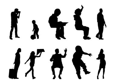 Vektör siluetleri, insanların ana hatları, Contour çizimleri, insanların siluetleri, ikon kümesi izole edilmiş, oturan insanların silueti, mimari set