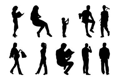 Vektör siluetleri, insanların ana hatları, Contour çizimleri, insanların siluetleri, ikon kümesi izole edilmiş, oturan insanların silueti, mimari set