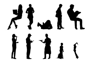 Vektör siluetleri, insanların ana hatları, Contour çizimleri, insanların siluetleri, ikon kümesi izole edilmiş, oturan insanların silueti, mimari set