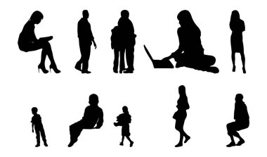 Vektör siluetleri, insanların ana hatları, Contour çizimleri, insanların siluetleri, ikon kümesi izole edilmiş, oturan insanların silueti, mimari set
