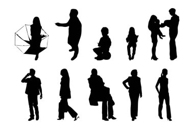 Vektör siluetleri, insanların ana hatları, Contour çizimleri, insanların siluetleri, ikon kümesi izole edilmiş, oturan insanların silueti, mimari set