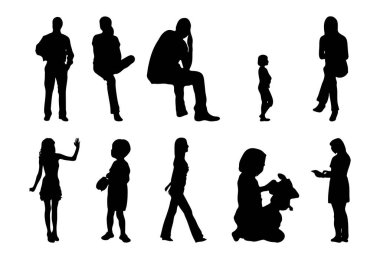Vektör siluetleri, insanların ana hatları, Contour çizimleri, insanların siluetleri, ikon kümesi izole edilmiş, oturan insanların silueti, mimari set
