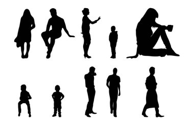 Vektör siluetleri, insanların ana hatları, Contour çizimleri, insanların siluetleri, ikon kümesi izole edilmiş, oturan insanların silueti, mimari set