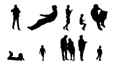Vektör siluetleri, insanların ana hatları, Contour çizimleri, insanların siluetleri, ikon kümesi izole edilmiş, oturan insanların silueti, mimari set