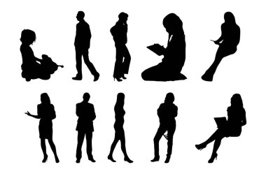 Vektör siluetleri, insanların ana hatları, Contour çizimleri, insanların siluetleri, ikon kümesi izole edilmiş, oturan insanların silueti, mimari set
