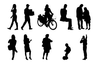 Vektör siluetleri, insanların ana hatları, Contour çizimleri, insanların siluetleri, ikon kümesi izole edilmiş, oturan insanların silueti, mimari set
