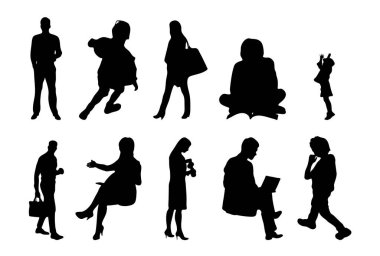 Vektör siluetleri, insanların ana hatları, Contour çizimleri, insanların siluetleri, ikon kümesi izole edilmiş, oturan insanların silueti, mimari set
