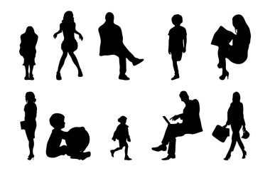 Vektör siluetleri, insanların ana hatları, Contour çizimleri, insanların siluetleri, ikon kümesi izole edilmiş, oturan insanların silueti, mimari set