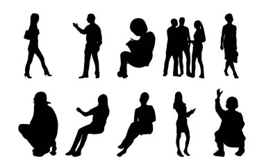 Vektör siluetleri, insanların ana hatları, Contour çizimleri, insanların siluetleri, ikon kümesi izole edilmiş, oturan insanların silueti, mimari set