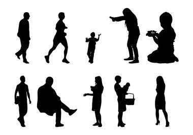 Vektör siluetleri, insanların ana hatları, Contour çizimleri, insanların siluetleri, ikon kümesi izole edilmiş, oturan insanların silueti, mimari set