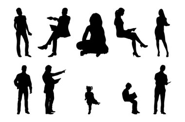 Vektör siluetleri, insanların ana hatları, Contour çizimleri, insanların siluetleri, ikon kümesi izole edilmiş, oturan insanların silueti, mimari set