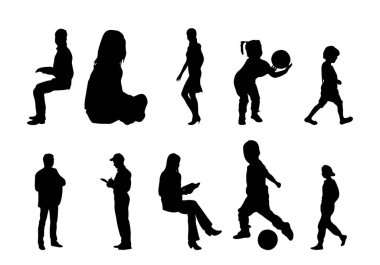 Vektör siluetleri, insanların ana hatları, Contour çizimleri, insanların siluetleri, ikon kümesi izole edilmiş, oturan insanların silueti, mimari set