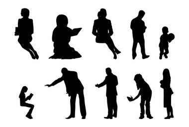 Vektör siluetleri, insanların ana hatları, Contour çizimleri, insanların siluetleri, ikon kümesi izole edilmiş, oturan insanların silueti, mimari set