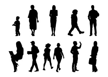 Vektör siluetleri, insanların ana hatları, Contour çizimleri, insanların siluetleri, ikon kümesi izole edilmiş, oturan insanların silueti, mimari set