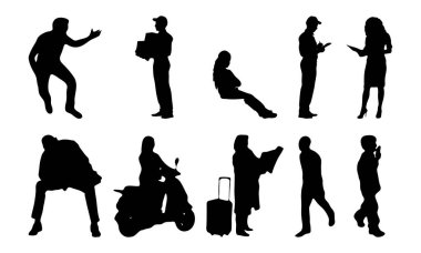 Vektör siluetleri, insanların ana hatları, Contour çizimleri, insanların siluetleri, ikon kümesi izole edilmiş, oturan insanların silueti, mimari set