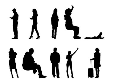 Vektör siluetleri, insanların ana hatları, Contour çizimleri, insanların siluetleri, ikon kümesi izole edilmiş, oturan insanların silueti, mimari set
