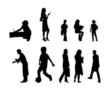 Vektör siluetleri, insanların ana hatları, Contour çizimleri, insanların siluetleri, ikon kümesi izole edilmiş, oturan insanların silueti, mimari set