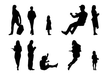 Vektör siluetleri, insanların ana hatları, Contour çizimleri, insanların siluetleri, ikon kümesi izole edilmiş, oturan insanların silueti, mimari set