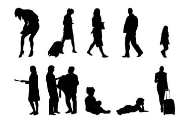 Vektör siluetleri, insanların ana hatları, Contour çizimleri, insanların siluetleri, ikon kümesi izole edilmiş, oturan insanların silueti, mimari set