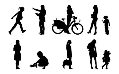 Vektör siluetleri, insanların ana hatları, Contour çizimleri, insanların siluetleri, ikon kümesi izole edilmiş, oturan insanların silueti, mimari set