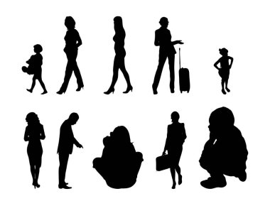 Vektör siluetleri, insanların ana hatları, Contour çizimleri, insanların siluetleri, ikon kümesi izole edilmiş, oturan insanların silueti, mimari set