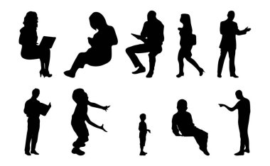 Vektör siluetleri, insanların ana hatları, Contour çizimleri, insanların siluetleri, ikon kümesi izole edilmiş, oturan insanların silueti, mimari set