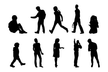 Vektör siluetleri, insanların ana hatları, Contour çizimleri, insanların siluetleri, ikon kümesi izole edilmiş, oturan insanların silueti, mimari set