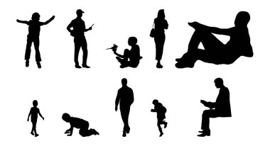 Vektör siluetleri, insanların ana hatları, Contour çizimleri, insanların siluetleri, ikon kümesi izole edilmiş, oturan insanların silueti, mimari set