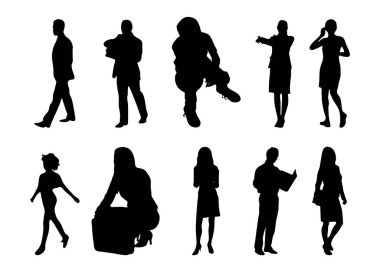 Vektör siluetleri, insanların ana hatları, Contour çizimleri, insanların siluetleri, ikon kümesi izole edilmiş, oturan insanların silueti, mimari set