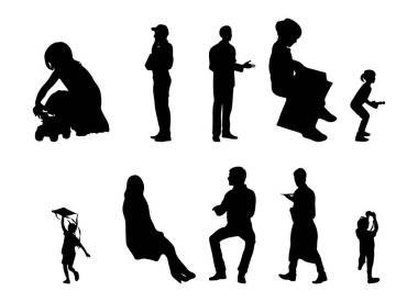 Vektör siluetleri, insanların ana hatları, Contour çizimleri, insanların siluetleri, ikon kümesi izole edilmiş, oturan insanların silueti, mimari set