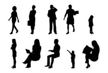 Vektör siluetleri, insanların ana hatları, Contour çizimleri, insanların siluetleri, ikon kümesi izole edilmiş, oturan insanların silueti, mimari set