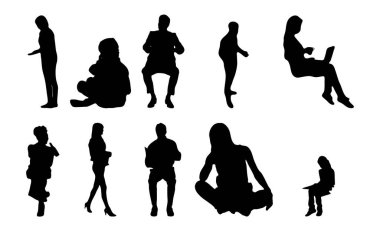 Vektör siluetleri, insanların ana hatları, Contour çizimleri, insanların siluetleri, ikon kümesi izole edilmiş, oturan insanların silueti, mimari set