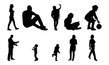 Vektör siluetleri, insanların ana hatları, Contour çizimleri, insanların siluetleri, ikon kümesi izole edilmiş, oturan insanların silueti, mimari set