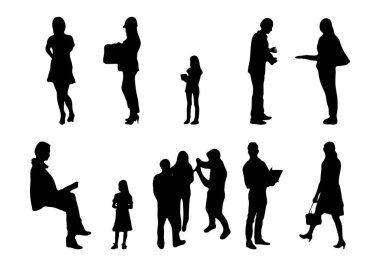 Vektör siluetleri, insanların ana hatları, Contour çizimleri, insanların siluetleri, ikon kümesi izole edilmiş, oturan insanların silueti, mimari set