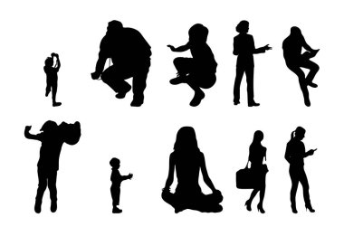 Vektör siluetleri, insanların ana hatları, Contour çizimleri, insanların siluetleri, ikon kümesi izole edilmiş, oturan insanların silueti, mimari set
