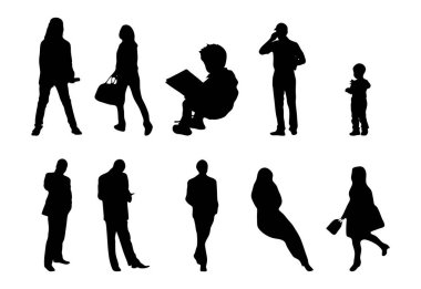 Vektör siluetleri, insanların ana hatları, Contour çizimleri, insanların siluetleri, ikon kümesi izole edilmiş, oturan insanların silueti, mimari set