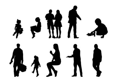 Vektör siluetleri, insanların ana hatları, Contour çizimleri, insanların siluetleri, ikon kümesi izole edilmiş, oturan insanların silueti, mimari set