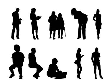 Vektör siluetleri, insanların ana hatları, Contour çizimleri, insanların siluetleri, ikon kümesi izole edilmiş, oturan insanların silueti, mimari set