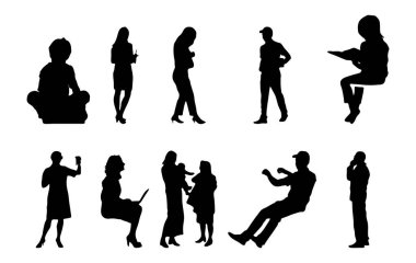 Vektör siluetleri, insanların ana hatları, Contour çizimleri, insanların siluetleri, ikon kümesi izole edilmiş, oturan insanların silueti, mimari set
