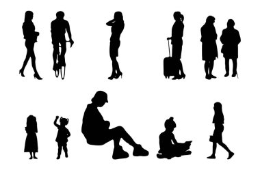 Vektör siluetleri, insanların ana hatları, Contour çizimleri, insanların siluetleri, ikon kümesi izole edilmiş, oturan insanların silueti, mimari set