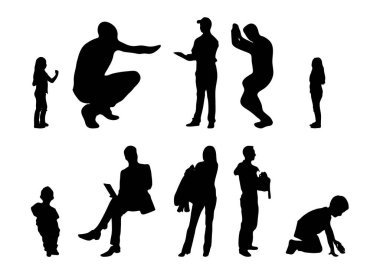 Vektör siluetleri, insanların ana hatları, Contour çizimleri, insanların siluetleri, ikon kümesi izole edilmiş, oturan insanların silueti, mimari set