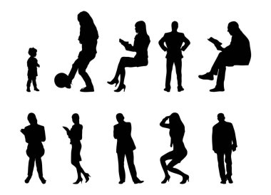 Vektör siluetleri, insanların ana hatları, Contour çizimleri, insanların siluetleri, ikon kümesi izole edilmiş, oturan insanların silueti, mimari set