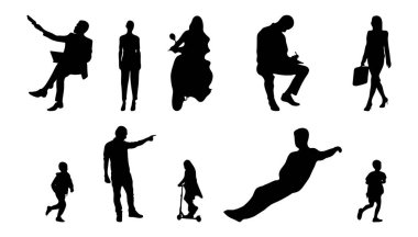 Vektör siluetleri, insanların ana hatları, Contour çizimleri, insanların siluetleri, ikon kümesi izole edilmiş, oturan insanların silueti, mimari set