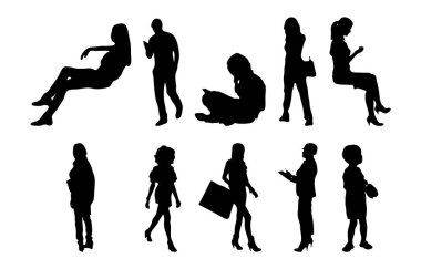 Vektör siluetleri, insanların ana hatları, Contour çizimleri, insanların siluetleri, ikon kümesi izole edilmiş, oturan insanların silueti, mimari set