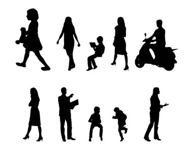 Vektör siluetleri, insanların ana hatları, Contour çizimleri, insanların siluetleri, ikon kümesi izole edilmiş, oturan insanların silueti, mimari set