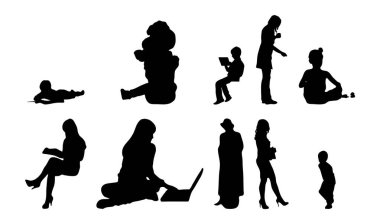 Vektör siluetleri, insanların ana hatları, Contour çizimleri, insanların siluetleri, ikon kümesi izole edilmiş, oturan insanların silueti, mimari set